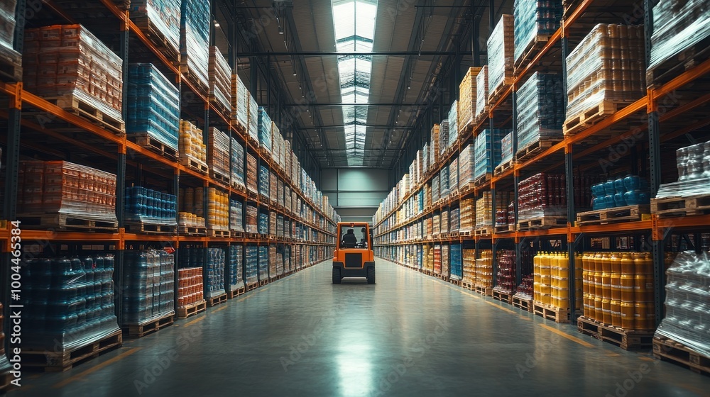 A spacious warehouse filled with neatly stacked pallets and a forklift. A spacious warehouse filled with neatly stacked pallets and a forklift.