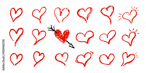 Set of red hearts signs drawn by wax pencil. Love symbols in doodle style. Collection of hand drawn kid hearts elements for valentine card or rock, hip hop music poster design. Vector illustration.