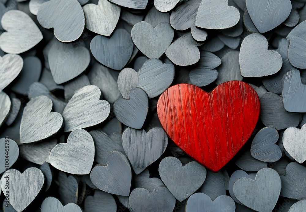 Fototapeta premium Red Wooden Heart Among Gray Hearts - Valentine's Day Love Concept