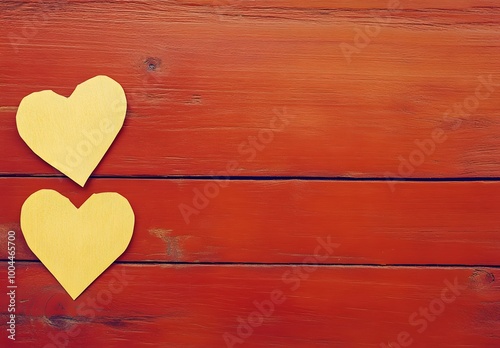 Red Wooden Background With Yellow Hearts For Valentine's Day