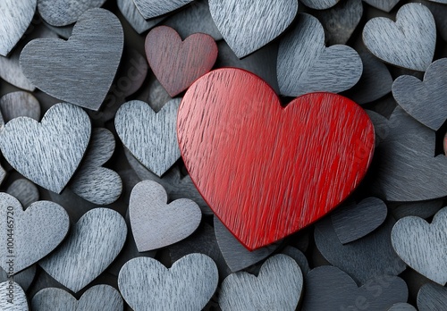 Red Wooden Heart Amidst Gray Hearts - Valentine's Day Love Concept