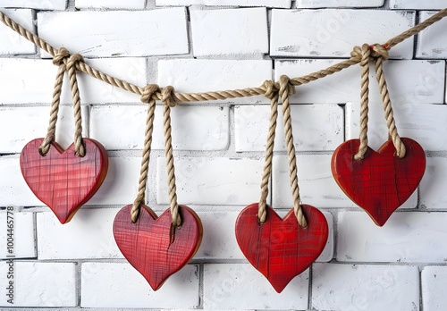 Red Wooden Hearts Hanging on Rope Against White Brick Wall