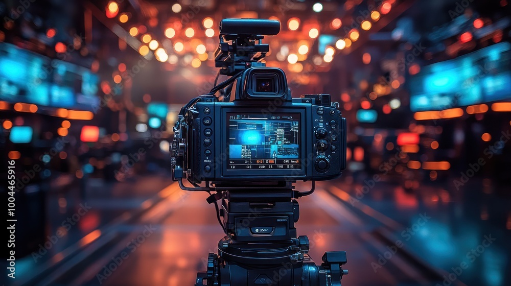 Camera focused on a vibrant studio setup with lights and screens. Camera focused on a vibrant studio setup with lights and screens.