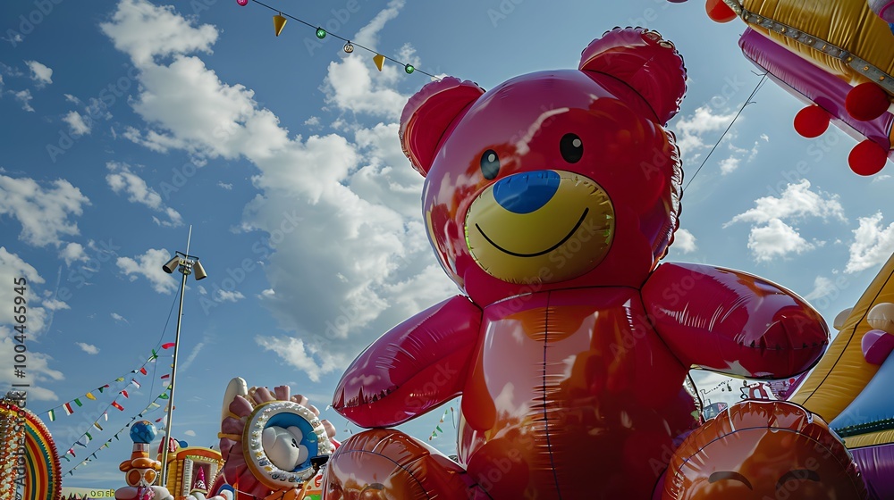 Naklejka premium A giant inflatable teddy bear at carnival bright colors and festive atmosphere