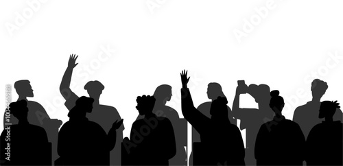 Silhouetted audience in a discussion or meeting setting with raised hands and various postures. Ideal for education, workshops, seminars, conferences, and group dynamics. Black and white, minimalist