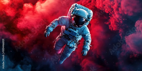 Fototapeta Naklejka Na Ścianę i Meble -  astronaut floating in a dramatic red space environment, surrounded by glowing stars and nebula