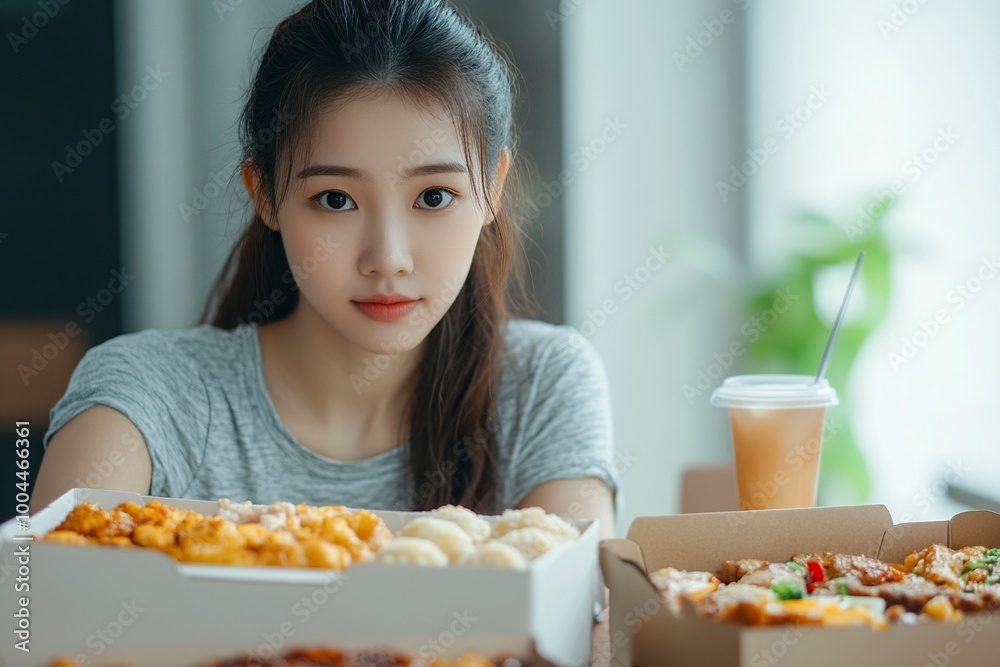 Asian woman with takeaway food and drinks at home. consumption eating home delivery food. enjoying delicious takeaway delivery tasty meal. generative ai