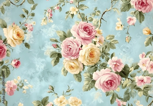 Vintage Floral Wallpaper with Pastel Blue Background
