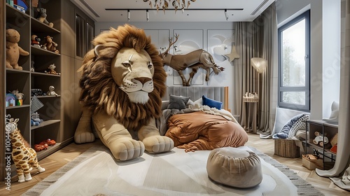 A giant stuffed lion in child room playful decor photo