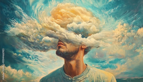 Surreal Art Depicting A Man With A Cloud Head Exemplifying Ideas Of Spiritual Freedom, Dream Happiness, And Hope In Dreamlike Fantasy Painting Illustration. photo