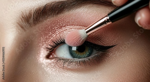 A woman skillfully applies eye shadow using a brush with pink blush in natural light photo