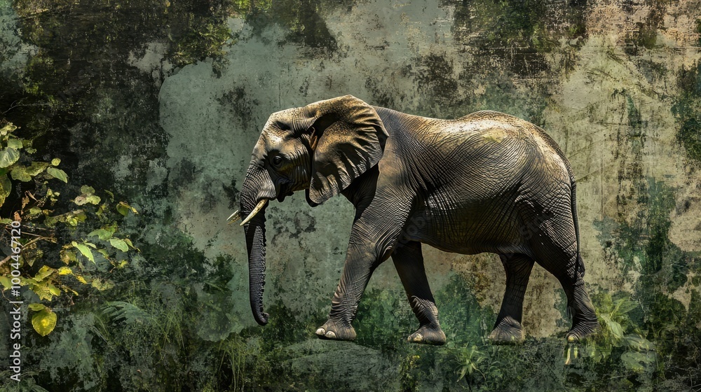 Fototapeta premium An elephant walking with a jungle overlay, capturing the essence of wildlife coexistence with lush green textures.