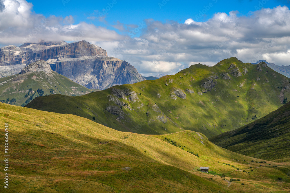 Fototapeta premium Summer alpine landscape from Catinaccio Group in the Dolomites, Italy, Europe
