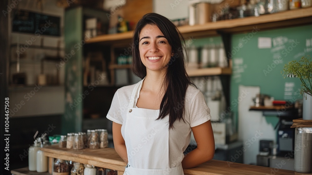 Smiling Barista in a Cozy Coffee Shop Setting Smiling Barista in a Cozy Coffee Shop Setting