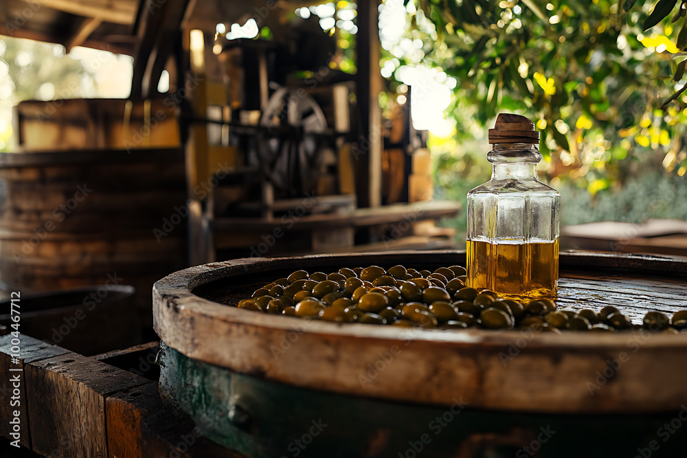 Fresh olives and olive oil with an oil press showcasing the traditional extraction process Fresh olives and olive oil with an oil press showcasing the traditional extraction process