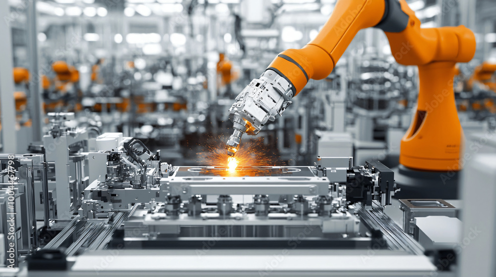  A robotic arm welding parts in an automotive production line. 