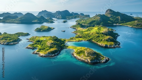 A stunning island archipelago, with multiple small islands scattered across turquoise waters, their green hills rising above the sea.