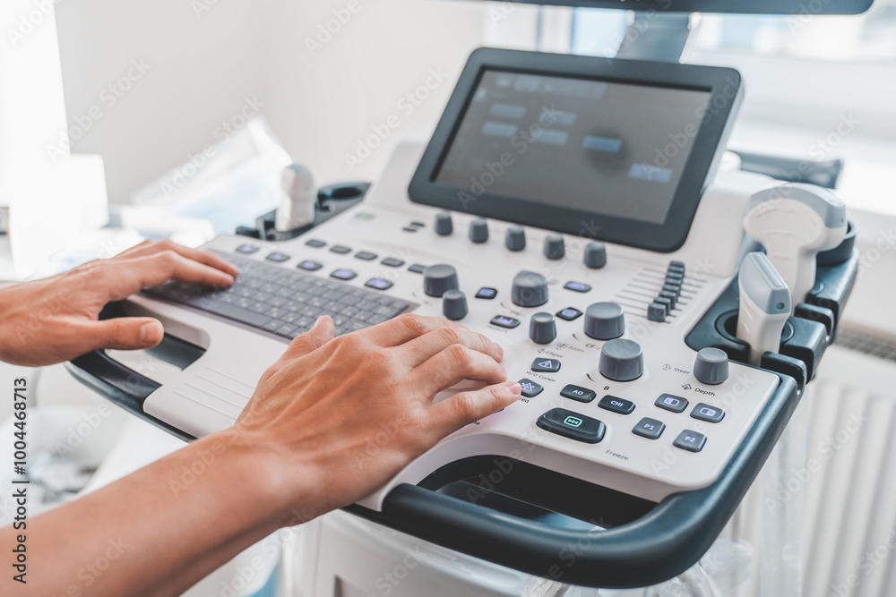 Doctor's hands close up preparing for an ultrasound device scanning Doctor's hands close up preparing for an ultrasound device scanning