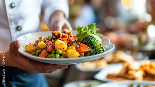 Close up of chef serving a dish in restaurant. generative ai