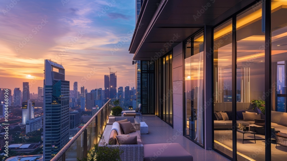 Obraz premium Luxury Penthouse Balcony with City Skyline Sunset View