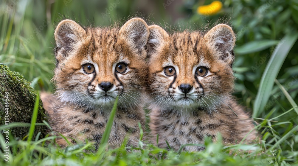 Obraz premium Two playful baby lynxes resting in lush green grass surrounded by vibrant wildflowers on a bright sunny day