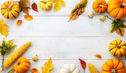 Autumnal Pumpkin and Corn Border on White Wood
