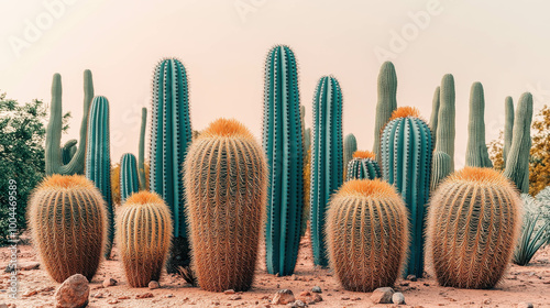 A group of cacti with some of them being green and some of them being brown. The cacti are arranged in a row and are all different sizes