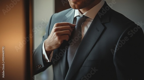 The man in a fitted suit carefully adjusts his tie, preparing for an important event. The elegant surroundings and focused expression highlight the moment's significance