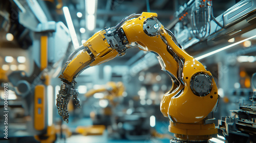  A robotic arm precisely assembling automotive parts. 