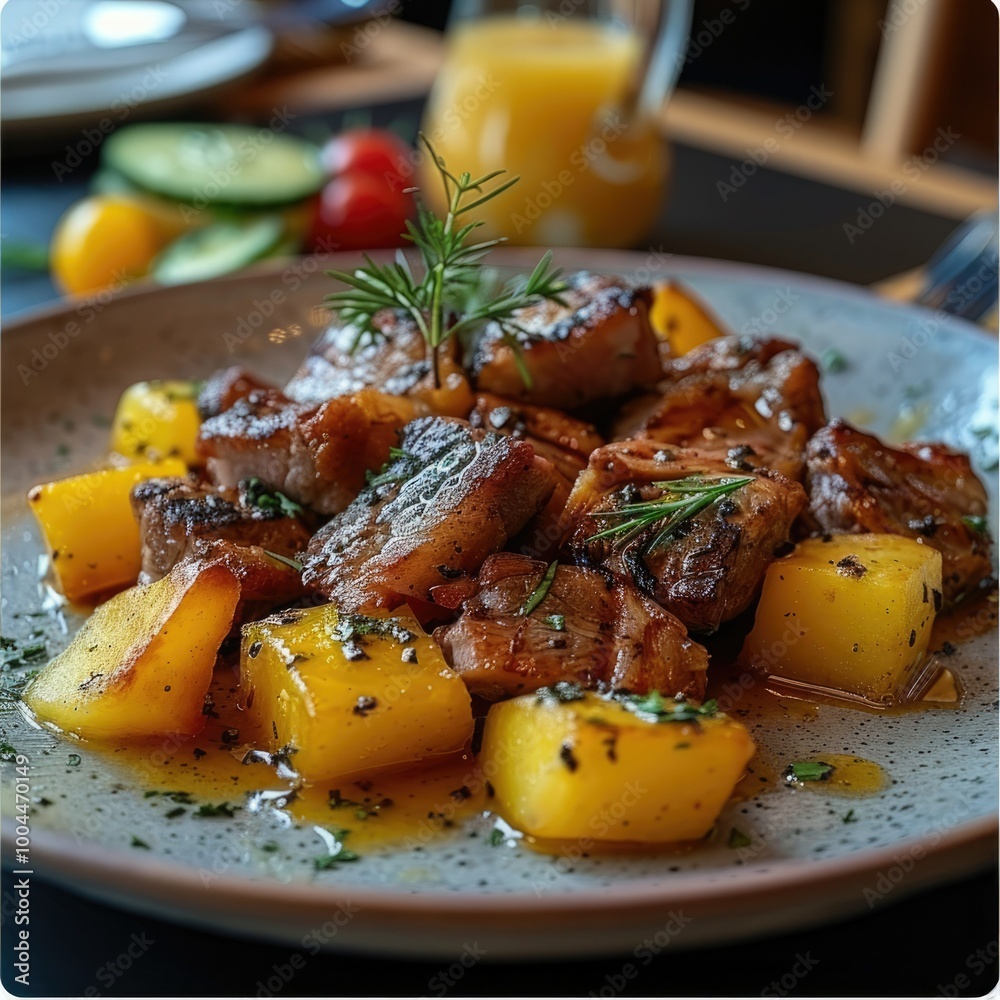 Delicious grilled meat served with roasted potatoes and herbs at a restaurant table Delicious grilled meat served with roasted potatoes and herbs at a restaurant table