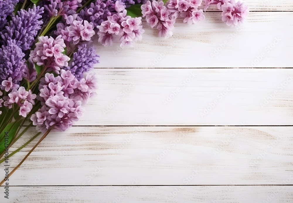 White Wooden Background with Spring Flower Border White Wooden Background with Spring Flower Border