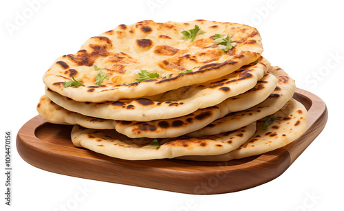 Round flatbreads on wooden board isolated on transparent background. photo