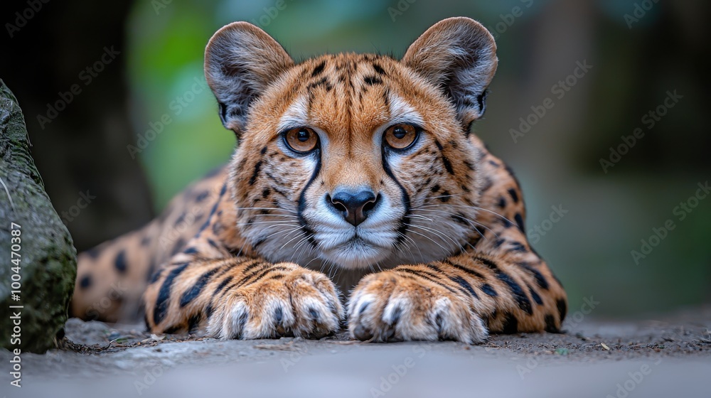 Fototapeta premium A close-up view of a resting jaguar in a lush, green environment showcasing its striking features and vibrant coat pattern