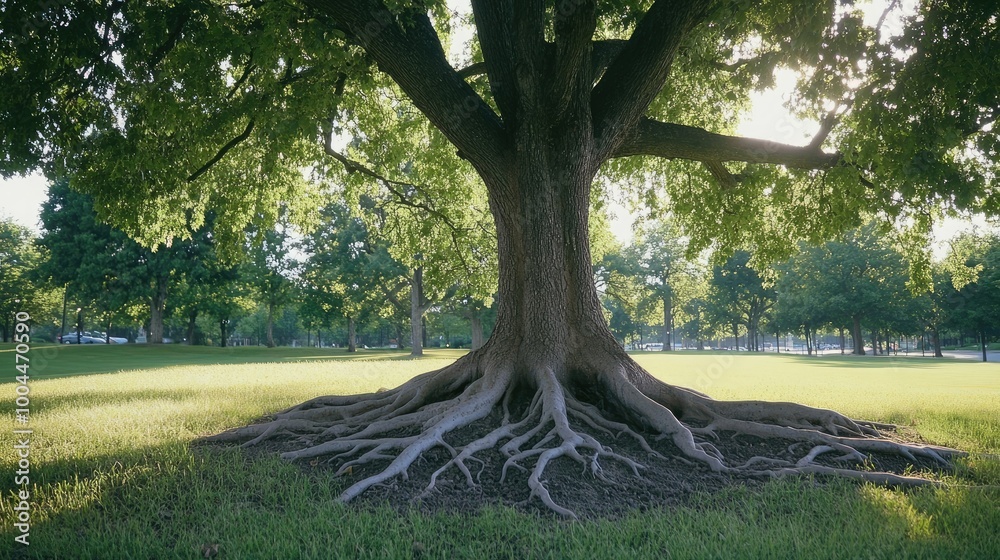 Naklejka premium An old tree standing in a park with its large roots exposed above the grassy ground, showing a natural interplay between tree and earth.