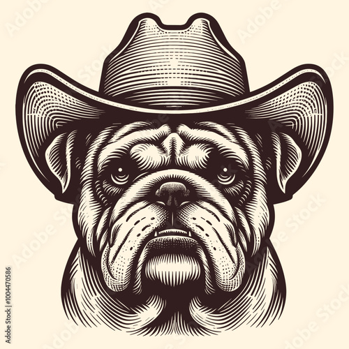 Portrait Illustration Of A Bulldog Wearing A Cowboy Hat In Engraving Style