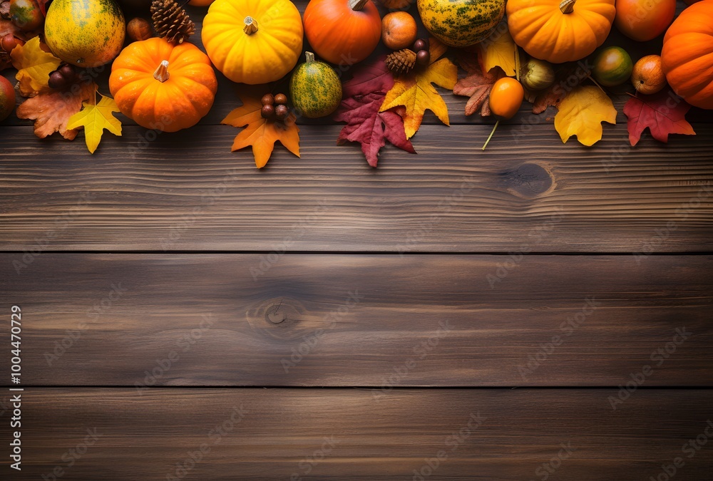 Rustic Wooden Fall Background with Pumpkins and Apples Rustic Wooden Fall Background with Pumpkins and Apples