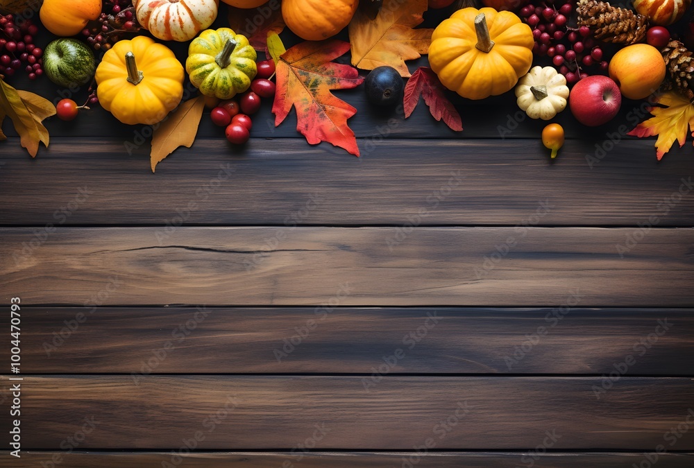 Rustic Autumn Wooden Background with Pumpkins, Apples, and Leaves Rustic Autumn Wooden Background with Pumpkins, Apples, and Leaves