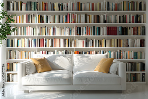 Books on modern white shelf with sofa.