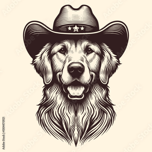 Portrait Illustration Of A Golden Retriever Wearing A Cowboy Hat In Engraving Style