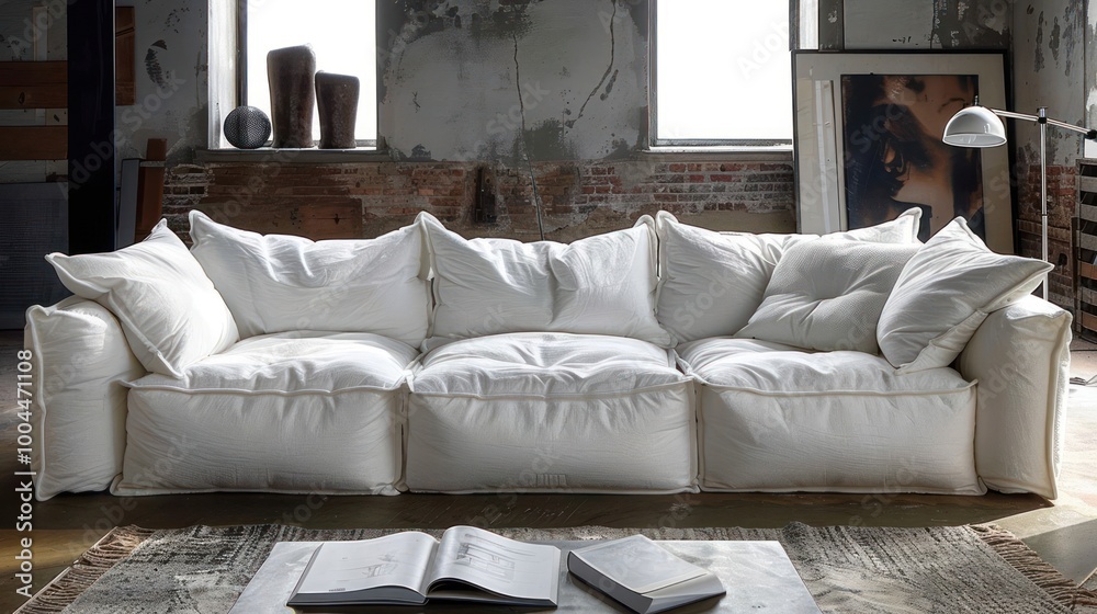 Fototapeta premium A white modular sofa with multiple cushions sits in a modern living room with a rug, a coffee table, and books on top.