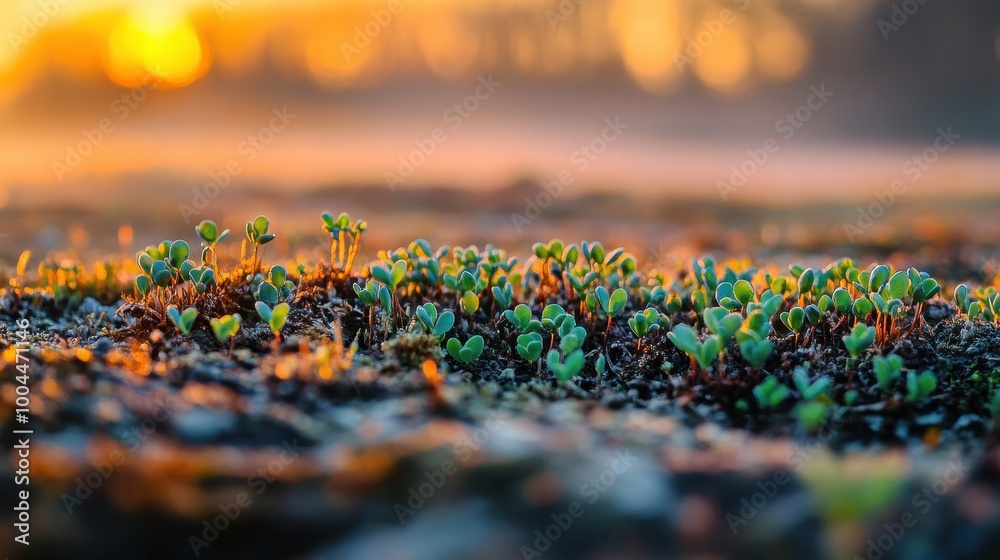Obraz premium Green Sprouts in Field with Dramatic Sun Flare