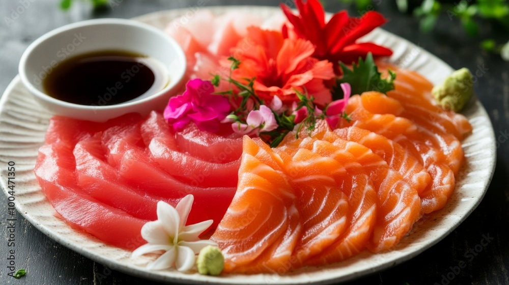 A close-up of an elegant sashimi dish showcasing thinly sliced tuna and salmon, artfully presented with decorative garnishes and served with a small bowl of soy sauce. A close-up of an elegant sashimi dish showcasing thinly sliced tuna and salmon, artfully presented with decorative garnishes and served with a small bowl of soy sauce.