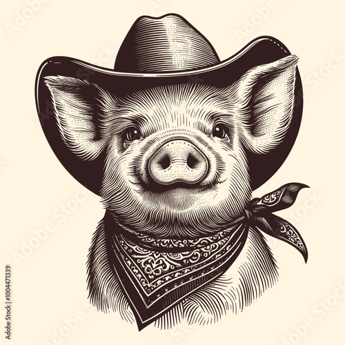 Portrait Illustration Of A Piglet Wearing A Cowboy Hat In Engraving Style