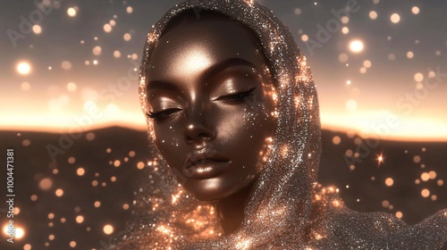 A Black woman wearing a silver, glittery dress, lying on the floor with her eyes closed and looking up at an array of lights that shine down from above in a space full of stars.