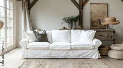 White sofa with green cushion in a living room with wooden beams, a rug and a wicker basket.