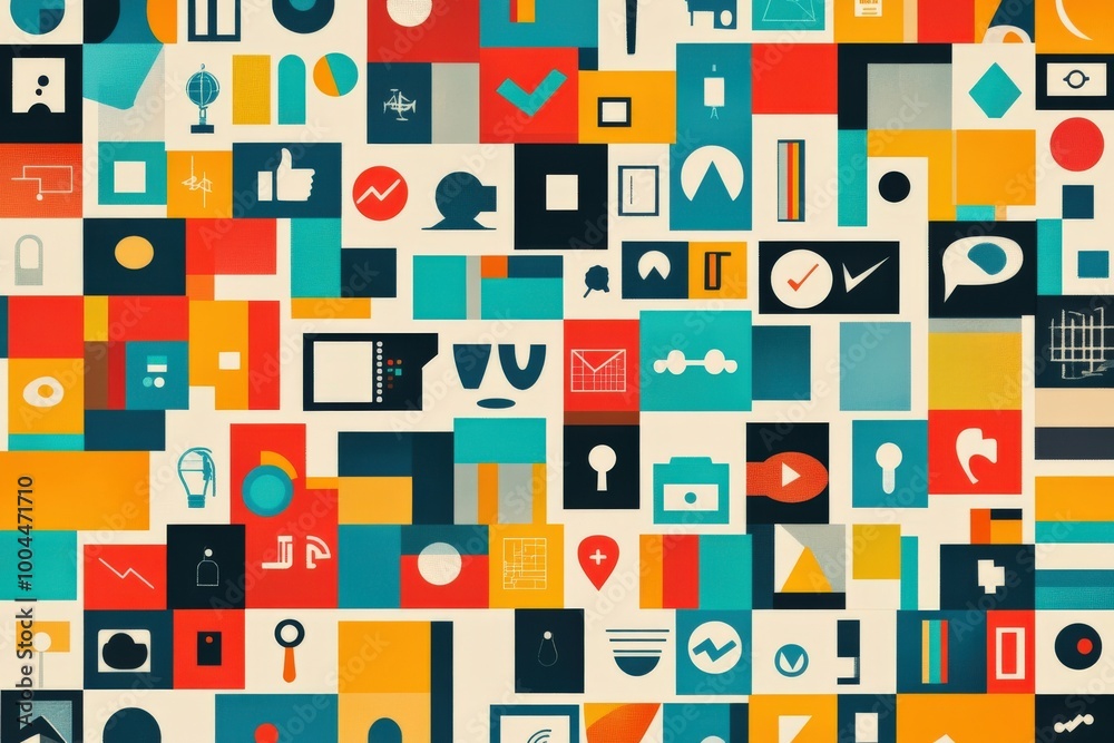 A colorful and abstract image of various shapes and symbols, including a clock, generative ai image