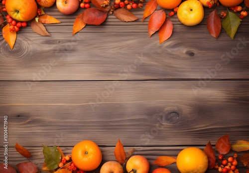 Rustic Wooden Autumn Background with Oranges and Leaves