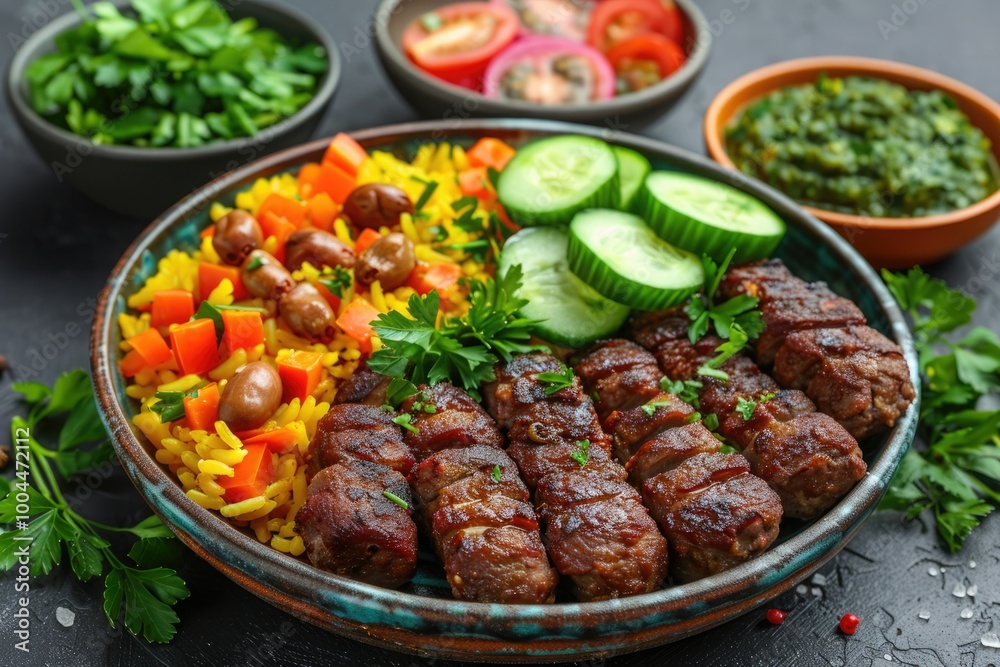 Fototapeta premium Delicious grilled kebabs served with rice, fresh vegetables, and vibrant sides on a rustic table