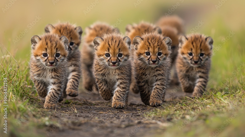 A group of playful cheetah cubs running together on a dirt path in the savannah during the warm hours of the day