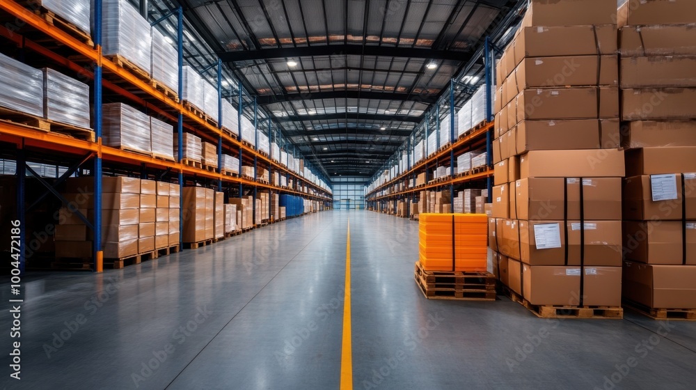 Spacious warehouse with organized shelves and boxes Spacious warehouse with organized shelves and boxes